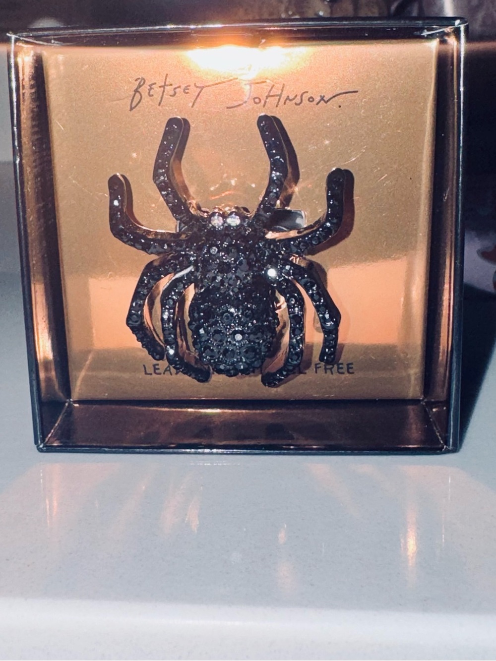 Betsey Johnson Spider Ring Halloween Adjustable Black Rhinestone